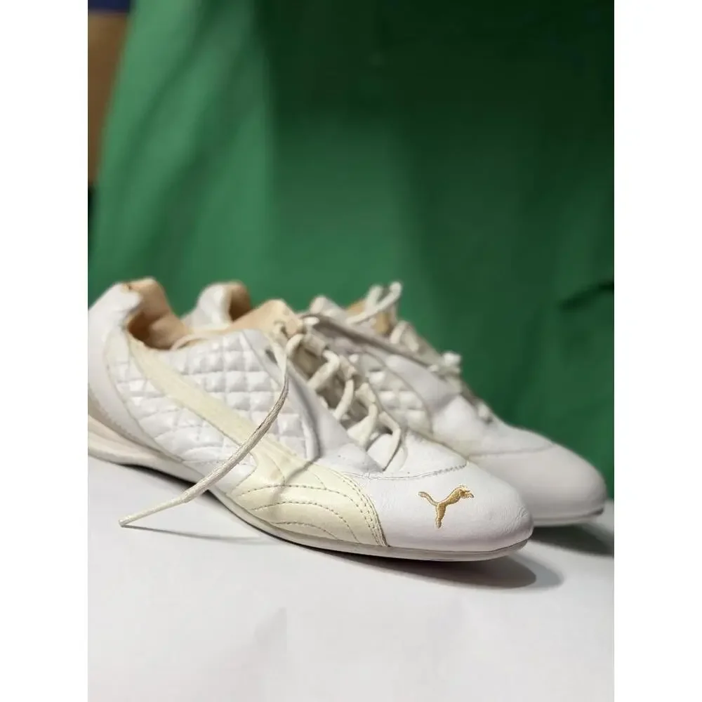 PUMA White Leather Sneakers Women US 6 EU 36‎ Gold Logo Lace Up